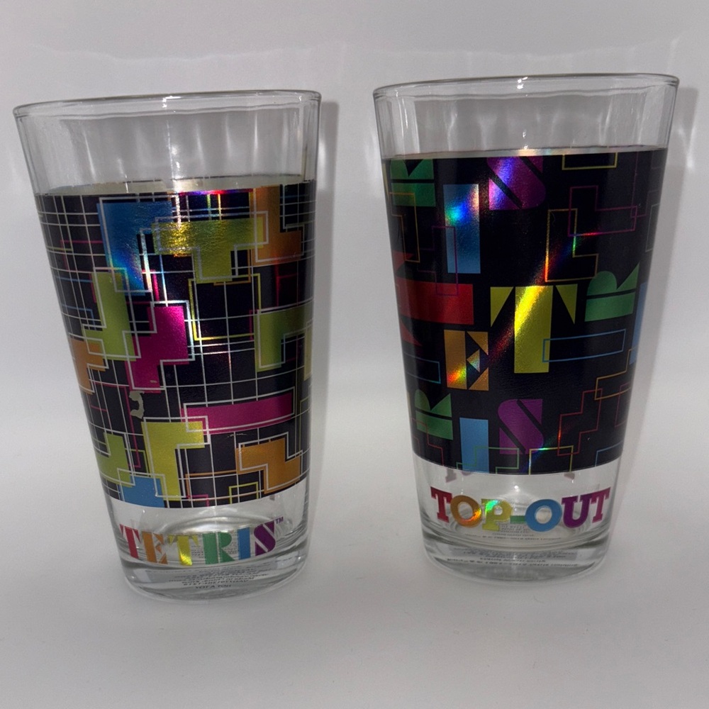 Tetris Arcade Glasses – Vintage-Inspired Gamer Tumbler Duo  “Top Out” & Block De
